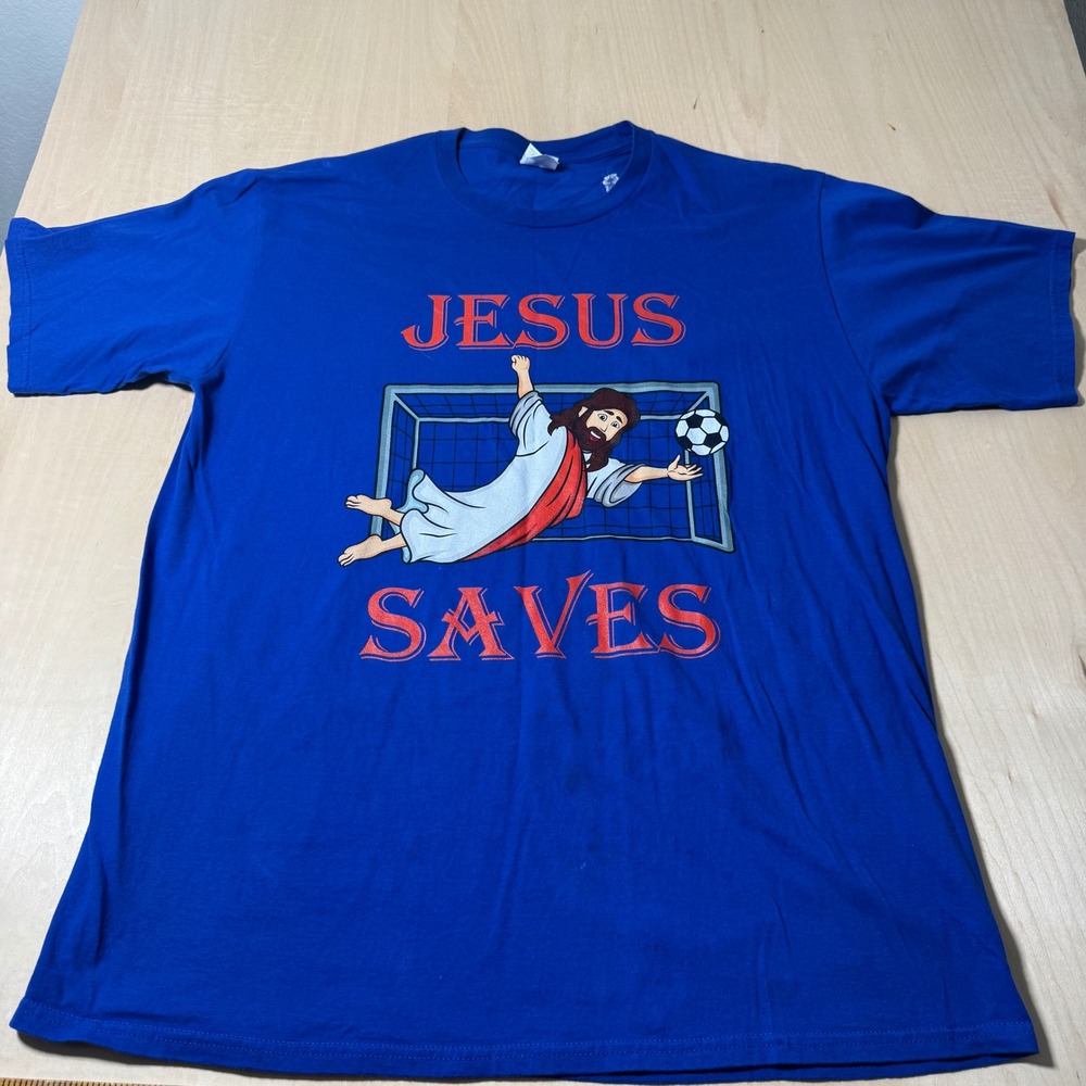Jesus Saves Soccer Graphic T-Shirt Funny Religious Mens XL‎ Blue